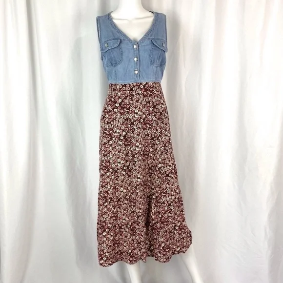 Vintage Midi Length Floral and Denim Sleeveless Dress - Picture 1 of 10